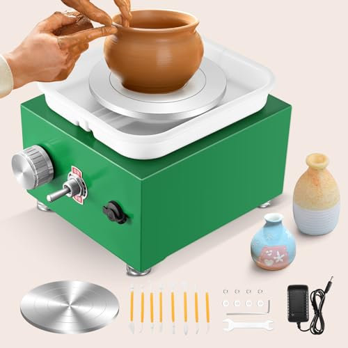 Mini Pottery Wheel, Ovshnrr 2 Plates Turntable 10/6.5cm Pottery Machine, 2000RPM Adjustable Speed Pottery Wheel with Shaping Tools for Pottery DIY, Pottery Teaching, Children and Beginner(Green)