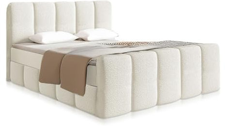 Juskys Boxspringbett Manitoba 180 x 200 cm - Modernes Design mit Bouclé-Stoff, Gepolstertes Kopfteil, Inkl. Topper - Creme
