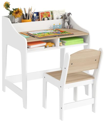AIYAPLAY Ensemble Bureau et Chaise pour Enfant 3 à 8 Ans Effet Bois Naturel