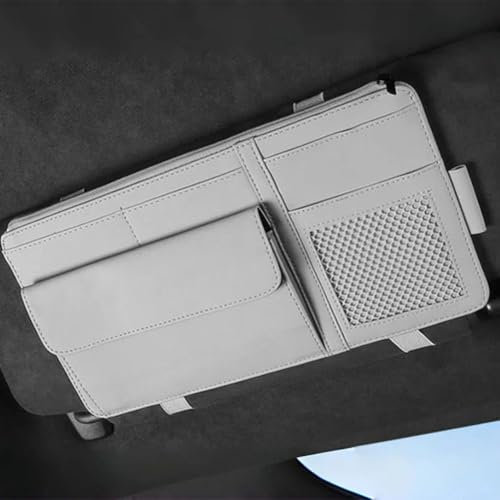 SNAHLPER Organizzatore Alette Parasole Auto per Fiat Panda 1980-2022 2023 2024 2025 141 169 319, Organizer Occhiali Sole in Pelle, Cerniera Parasole Organizer con Porta Occhiali,Grey
