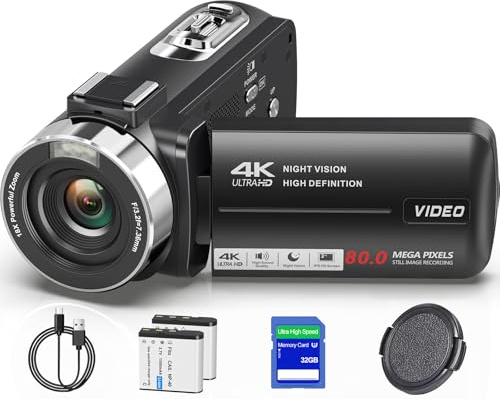 Suttie Camcorder 4K 80MP HD IR Nachtsichtkamera Vlogging für YouTube 18X Digitalzoom Camcorder Recorder 3 Zoll IPS 270° HD mit 32GB SD-Karte, Objektivdeckel und 2 Batterien