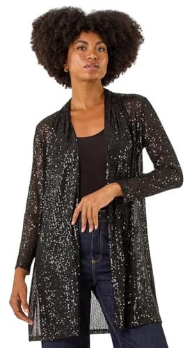 Roman Originals Sequin Longline Kimono for Women UK - Ladies Everyday Autumn Winter Comfy Soft Evening Vacation Work Party Night Out - Black - Size 12