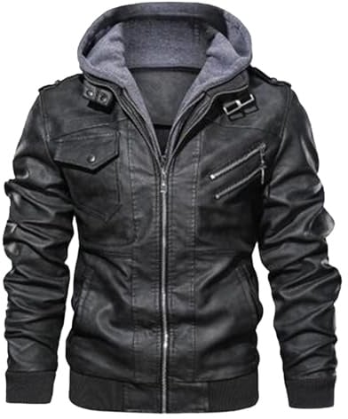 Lederjacke für Herren, Hoodie Bomberjacke, Herren Stehkragen Motorradjacke, trendige Kunstlederjacken