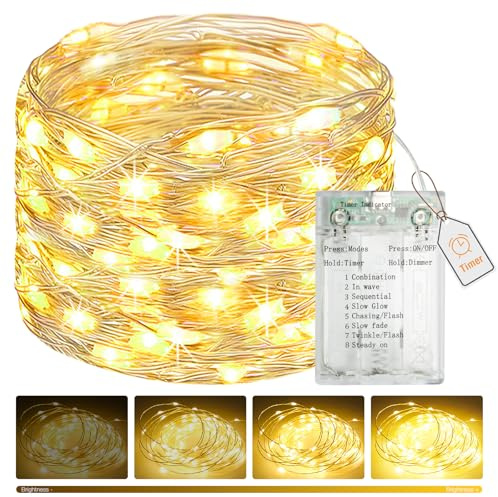 btfarm Fairy Lights Battery Operated Timer Dimmable, 5M 50LED USB Powered | 8 Modes String Lights, Christmas Small Wire Lights Waterproof for Indoor Outdoor Bedroom Party Xmas Tree Decor, Warm White