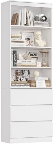 FirFurd 202 cm Bücherregal Bücherschrank mit 3 Schubladen 4 Fächern weiß | Hochschrank mit verstellbaren Ablagen, Wohnzimmerschrank, Vitrinenschrank für Wohnzimmer Büro Küche, 60 x 35 x 202 cm