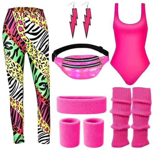 SSKHE 80er Jahre Outfit Damen Set,80er Jahre Workout Kostüm für Frauen,80s 90s Kleidung Kostüm Accessoires avec Stirnband Armbänder Beinwärmer Ohrringe Gürteltasche (M)
