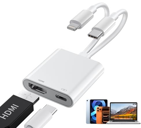 Adattatore USB-C e Lightning a HDMI per iPhone, MFi Lightning Digital AV Adapter per iPhone 14/13, 4K@60Hz 100W Adattatore USB-C a HDMI per i Phone 17/16/15/iPad/MacBook/Galaxy a TV/Monitor/Proiettore