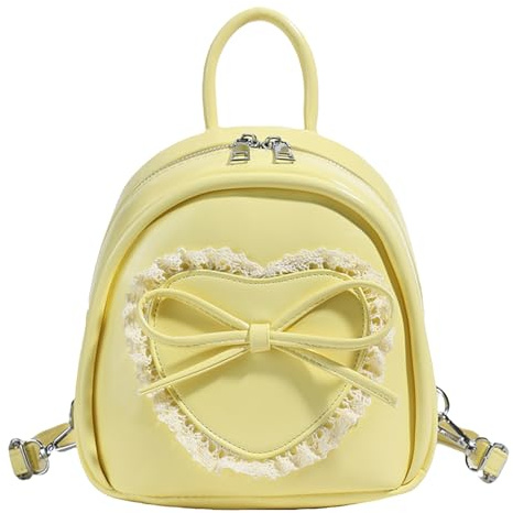 Cymwer Mini sac à dos en forme de cœur avec nœud en dentelle en cuir PU pour femme, sac à main Kawaii pour fille (jaune)
