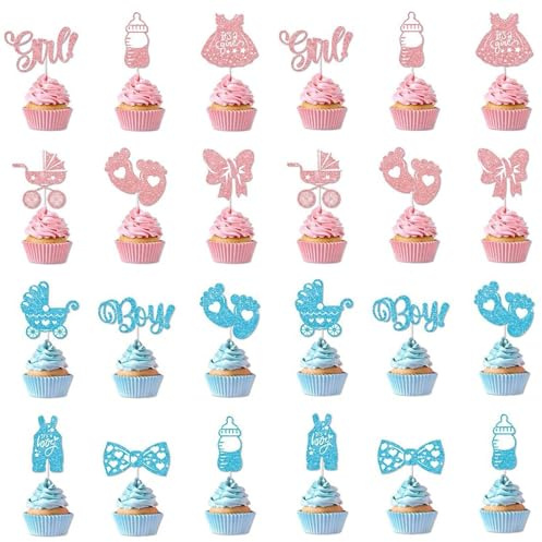 RIIRCSGE 24 Pack Boy or Girl Cupcake Toppers, Footprint Baby Bottle Bow Tie Shower Cake Decorations, Pink or Blue Baby Cake Topper, Shower Party Supplies and Decoration for Gender Reveal