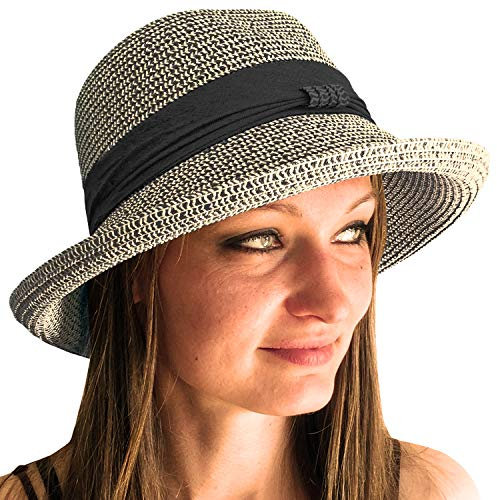 TOSKATOK Ladies Womens Adjustable Summer Sun Hat Fashion Foldable Roll Brim Trilby Bowler Black/Beige…