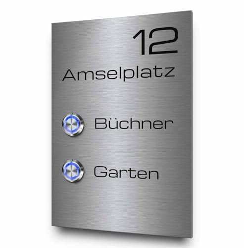 Klingelschild mit 2 Drückern - Modell Büchner 12x18 cm - Edelstahl Türklingel mit personalisierter Gravur und verschiedenen Motiven | farbige LED Taster und diverses Zubehör optional