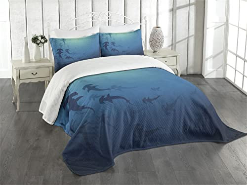 ABAKUHAUS Meerestiere Tagesdecke Set, Hammerhai, Set mit Kissenbezug Waschbar, für Einzelbetten 170 x 220 cm, Marineblau