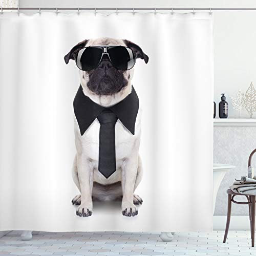 ABAKUHAUS Mops Duschvorhang, Kühler Hund mit Krawatte Brille, Stoffliches Gewebe Badezimmerdekorationsset mit Haken, 175 x 180 cm, Schwarz Creme