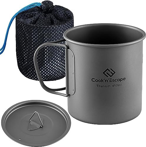 COOK'N'ESCAPE Tasse en titane de 450 ml avec couvercle - Batterie de cuisine de camping avec poignée pliable pour pique-nique, randonnée, randonnée