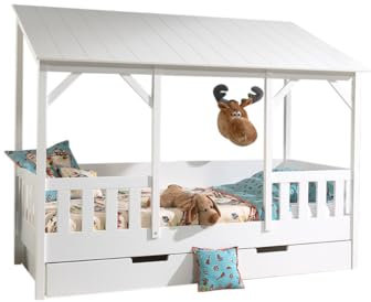 Vipack Hausbett mit 90 x 200 cm Liegefläche und Bettschublade, Korpus Weiß lackiert, Dach in Weiß Weiß