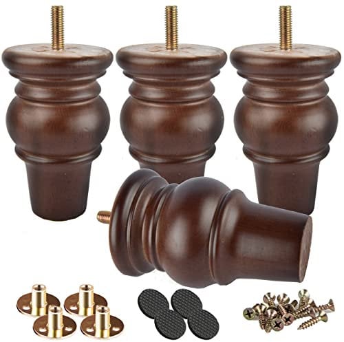 Btowin 4 inch Solid Wood Furniture Legs, 4Pcs Wooden Turned Bun Feet with Threaded 5/16'' Hanger Bolts & Mounting Plate & Screws for Sofa Couch Chair Ottoman Loveseat