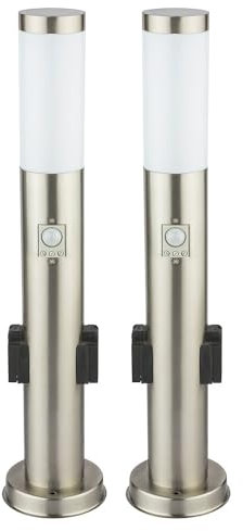 2er Set Edelstahl Steh Lampe Außen Steckdosen Bewegungsmelder Garten Wege Stand Leuchte silber