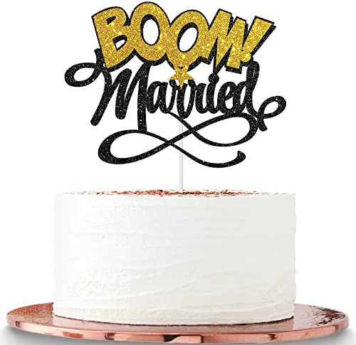 Boom Married Cake Topper, Funny Cake Topper für Thema Hochzeit Party, Brautdusche, Verlobung, Hochzeit Party Dekorationen, Thema Hochzeit Party Supplies - Gold