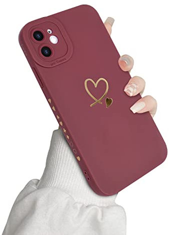 Newseego Kompatibel mit iPhone 11 Hülle, Niedliche Gold Liebesherzform Muster Weiche Flüssigsilikon Handyhülle iPhone 11 Kleinen Herzen auf der Seite Stoßfeste Schutzhülle für iPhone 11-Claret