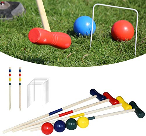 XMTECH Jeu de crocket, jeu de crocket, joueur et adultes, croquet en bois pour 4 joueurs avec sardines, enfants et adultes - Kit complet avec piquets, enrouleurs et balles - Jouet en bois