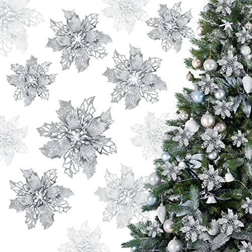 GWHOLE 21 Flores de Navidad Decoraciones para Árbol Navidad Flores Artificiales de Plateado de Adornos con Purpurinas Flores en 3 Tamaño -10cm, 12cm, 16cm