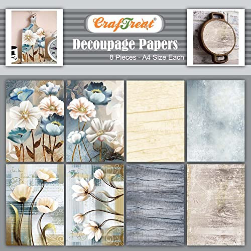 CrafTreat Painted Flower Decoupage Paper A4 8 Pack for Crafts & Bastelpapier Muster Set, Scrapbooking Papier, Motivpapier Frühling, Musterpapier, Bastelpapier Vintage, Designerpapier