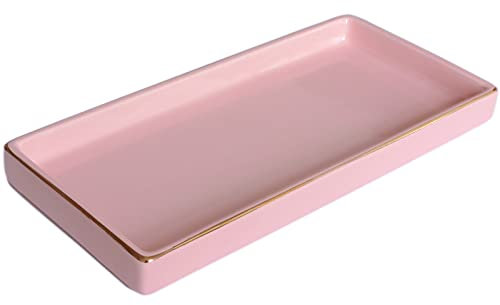 HANKOR 10 x 5 Ceramic Bathroom Tray for Countertop, Decorative Vanity Tray for Dresser Tops, Small Rectangular Trays for Perfume, Candle, Jewelry, Cosmetics (Pink)