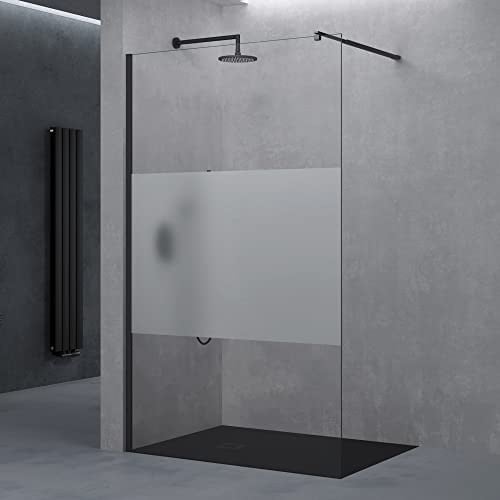 doporro Walk-In Dusche Duschwand 90x200cm Duschabtrennung 10mm ESG-Glas | Teilsatiniert Duschwand mit Nanobeschichtung | Aluminiumrahmen in Schwarz | Bremen02MS