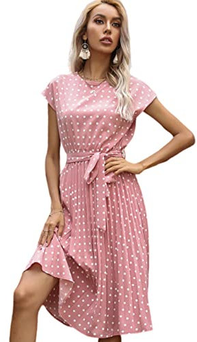 TOBILE Robe en mousseline de soie pour femmes, robe d'été de plage, manches courtes, imprimé à pois, Vestido, ligne A, floral, élégant, taille haute, plissé, robes midi décontractées, rose, M