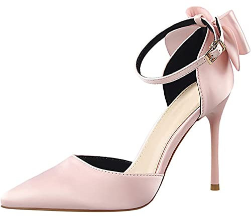 EXECAB Damen-Pumps mit Spitzen Zehen und Knöchelriemen, Pumps mit Schleife, Stiletto-Sandalen für Damen, Pumps mit Spitzen Zehen, Kleid, Party-Sandalen,Rosa,39