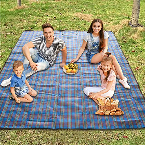 Armo Extra Large Tartan Picnic Blanket With Carrying Handle Waterproof Beach Garden Outdoor Washable Picnic Camping Blanket 200 x 147cm (Blue)