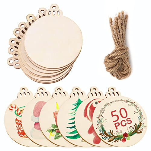 Fayavoo 50pcs Wooden Christmas Ornaments Round Wooden Baubles with Hole, 3.5 Unfinished Natural Wood Discs for Kids DIY Crafts Wooden Christmas Tree Hanging Decorations