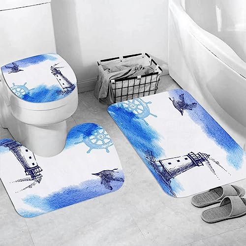 Badteppich 3 Stück Weiche saugfähige Badematten,Bauernhaus-Dekoration, nostalgische Aquarelle mit Möwe, altem Anker, Leuchtturm,,Rutschfeste Badematte Teppiche & Toilettendeckelabdeckung Set Waschbar