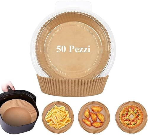 Virsus Carta Forno Rotonda per Friggitrice ad Aria, Diametro 20 cm e Altezza 4,5 cm, Fodera in Carta monouso Biodegradabile, Pergamena Antigrasso e Antiaderente per cuocere, friggere e arrostire (50)