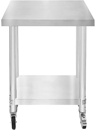 Tavolo da cucina in acciaio inox per la preparazione dei cibi con 4 ruote piroettanti con 2 freni e 4 piedini adattabili Ripiano inferiore regolabile 3 posizioni Portata 160 kg 60cm x 45cm x 86cm