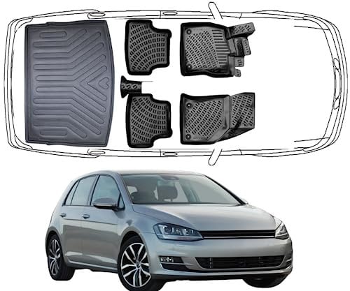 Rizline Passgenau 3D Fussmatten & Obere Kofferraumwanne Auto Set Kompatibel mit Volkswagen Golf 7 2013-2020 Auto Zubehör Gummimatten & Obere Kofferraummatte Autos TPE Allwetter Geruchlos rutschfest