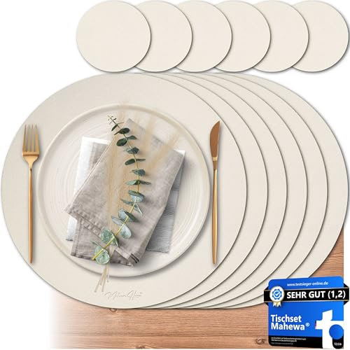 Mahewa® 6er Set Premium Tischset aus Kunstleder - Platzset abwaschbar und wasserdicht - Platzdeckchen Telleruntersetzer in Lederoptik (Cremebeige, Rund)