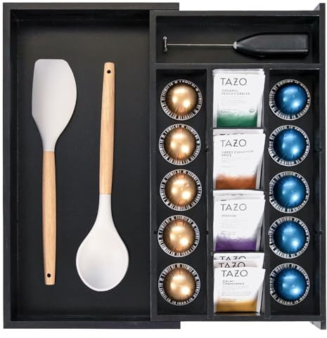 KitchenEdge Organizador de cajones negro de cocina para bolsas de té y café, ampliable de 10 a 17 pulgadas, 10 compartimentos para accesorios - Inserciones de pared ajustables