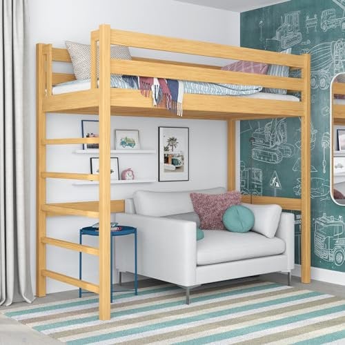 N-wood N01 Hochbett Holz 120x200 cm, Einzelbett, 2 Leitermontageseiten: Links oder rechts, sichere abgerundete Kanten, Stabile Massivholzkonstruktion, inklusive Lattenrost, Naturkiefer