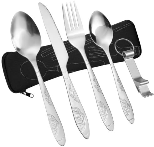 Vicloon Couverts en Acier Inoxydable, 5 pièces de Ensemble de Couverts, Ensemble de Couverts Transportables, Couverts en Acier Inoxydable avec Idéal pour Les Voyages et Le Camping (Fleur-Noir)