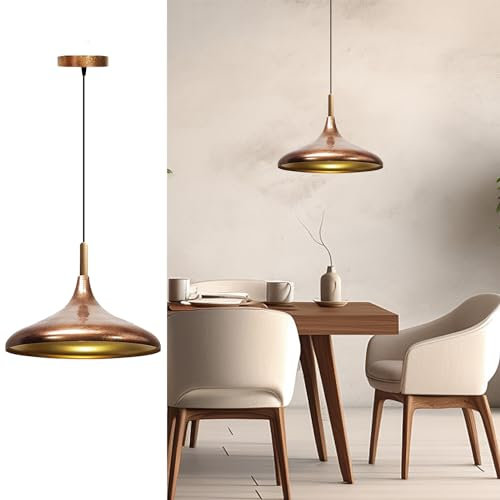 bamyum Champion Hängelampe Küche aus Holz und Metall 35 cm, Pendelleuchte Esstisch, Hängelampe Wohnzimmer, Küchenlampe Hängend, Deckenlampe Kinderzimmer E27, Pendelleuchte Kupferfarbe für Schlafzimmer