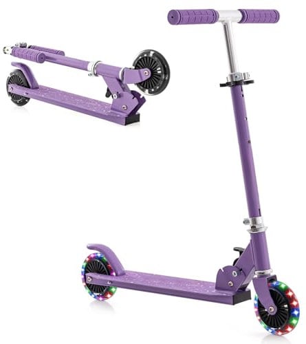 KOMFOTTEU Patinete para Niños, Patinete Infantil con 2 Ruedas LED y Freno, Monopatín Plegable con 3 Alturas Ajustables, Scooter de Aluminio con Carga hasta 50 kg, para Niños Más de 3 Años (Violeta)
