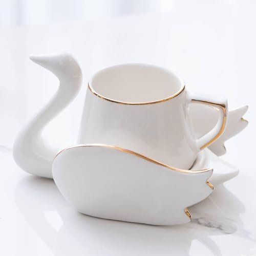 HOUSN Keramik Schwan Kaffeetasse und Untersetzer Set Kaffeetasse Tasse und Untertasse Set Teetasse Set Drink Cup Set für Heimküche für Geschenk,2