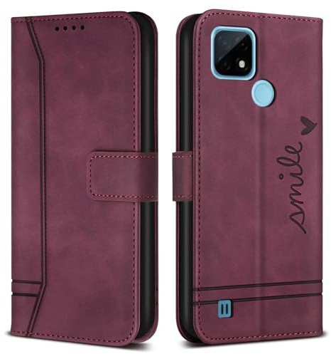 Bravoday Hülle für Realme C21 / Realme C21, PU Ledertasche Handyhülle mit Kartenfäch & Kickstand, Flip Schutzhülle Kompatibel mit Realme C21 / Realme C21, Weinrot