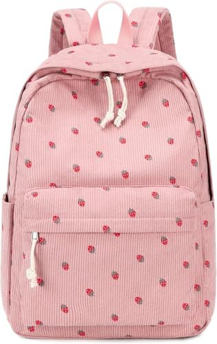 BLUBOON School Backpack for Teen Girls Bookbags Elementary High School Corduroy Laptop Bags Women Travel Daypacks, Strawberry Pink, Classic