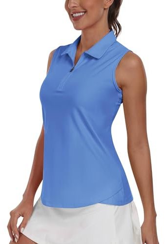 MoFiz Damen Polo Shirt Ärmelloses Golf T Shirt Elegant Sommershirts Lauftop Sport mit Reißverschluss Blau-B XL