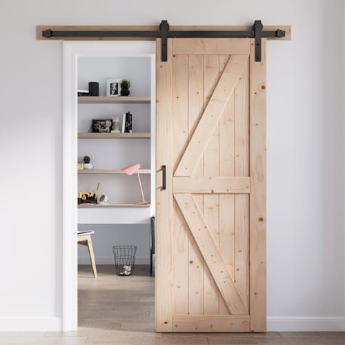 FREDBECK 76,2 x 203,2 cm Schiebetür und 1,5 m Schiebetür-Hardware-Kit inklusive K-Form, massives Fichtenholzpaneel für Schlafzimmer, muss zusammengebaut werden