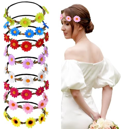 Andibro 8 Stück Blumen Stirnband Haarband, Daisy Blumen Kranz Haare Elastisch Blumenkranz Mehrfarbig Sonnenblume Stirnband Blumen Kopfschmuck für Frauen Mädchen Kinder Seaside Hochzeit Partys Festival