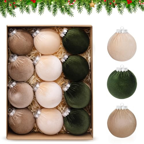 Velvet Christmas Baubles Ornaments - 12pcs 8cm Tree Decorations, Xmas Hanging Flocked Ball Set for Holiday, Wedding, Birthday Party