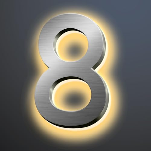 Backlit LED House Numbers 12 Inch, Stainless Steel Hand-Polished For House Address Signs, Modern Illuminated House Numbers, Waterproof Light Up Address Numbers,8